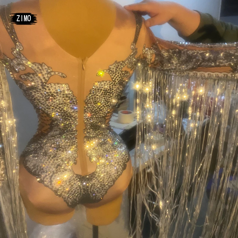 Błyszczący Srebrny Kombinezon na Imprezę z Cyrkoniami, Cekinami i Frędzlami, Kostium Taneczny Damski, Kombinezon z Frędzlami Sceniczne, Trykot Klubowy dla Tancerki, DS Piosenkarka