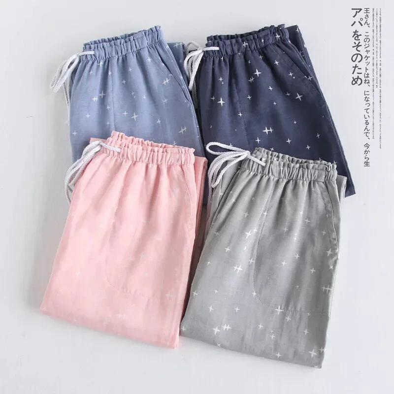 Spring Couples Cotton Gauze Sleep Pants Ladies Home Tie Pajama Pant Men\'s Bottom Pants Sleeping Pants Woman Pajama Bottoms