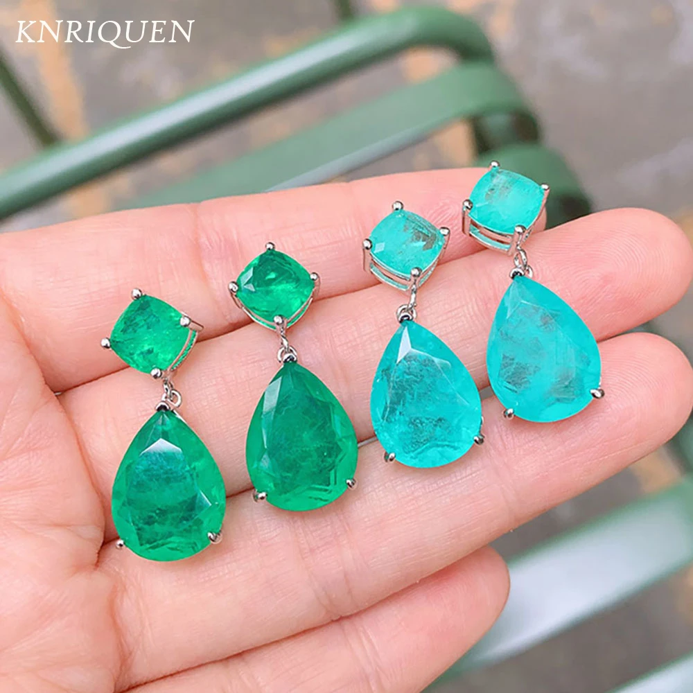 

2021 Trend Vintage Paraiba Tourmaline Emerald Gemstone Big Drop Earrings for Women Cocktail Party Fine Jewelry Anniversary Gift