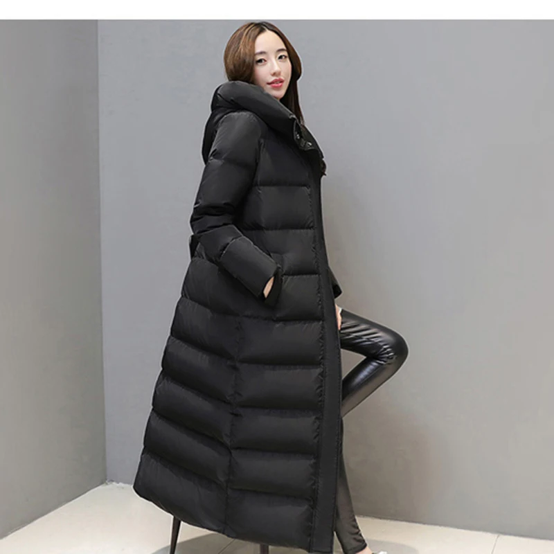 Imagem -05 - Jaqueta Puffer Super Longa com Capuz para Mulheres Cabolsa Grosso com Zíper Preto e Vermelho Mantenha Quente Inverno