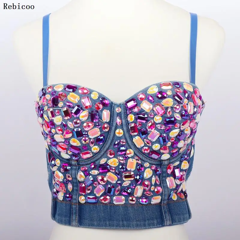 

Women's Sexy Rhinestones Denim Cropped Tops Rave Festival Party Corset Top