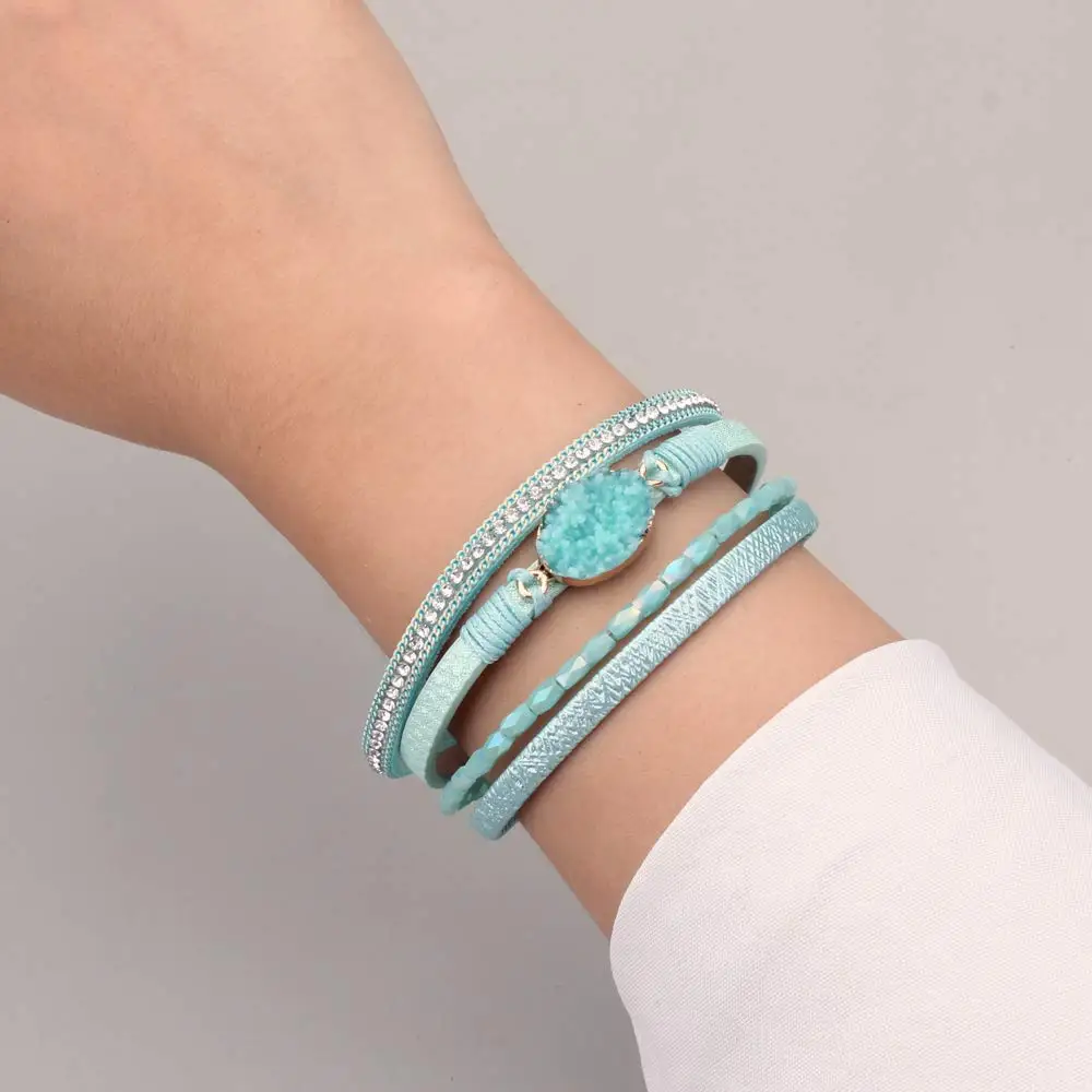 Amorcome Druzy Stone Charm Leather Wrap Bracelets Magnetic Clasp Women Boho Multilayer Cuff Bangle Crystal Bead Bracelet Jewelry