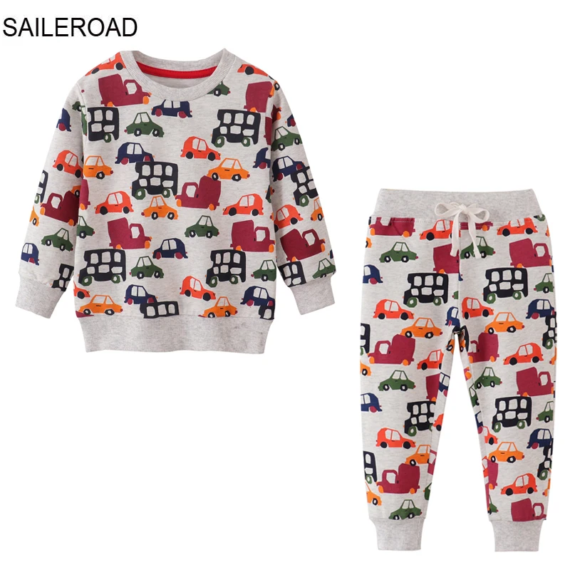 SAILEROAD Spring Children\'s Clothes Boy Cartoon Excavators Sweatershirts+Pants Kids Long Sleeves Clothing Set Teens Tracksuit