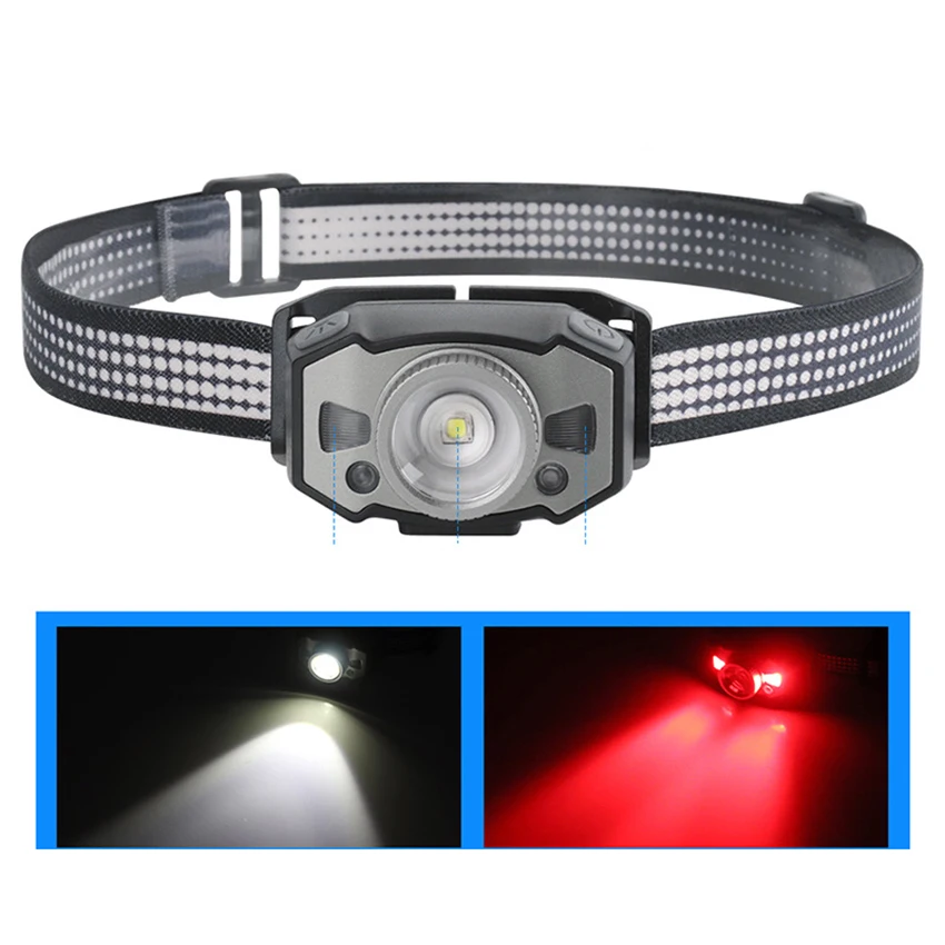 Lampada frontale zoomabile, torcia frontale ricaricabile con luce rossa e sensore di movimento per la corsa in campeggio escursionismo all'aperto, 5 modalità
