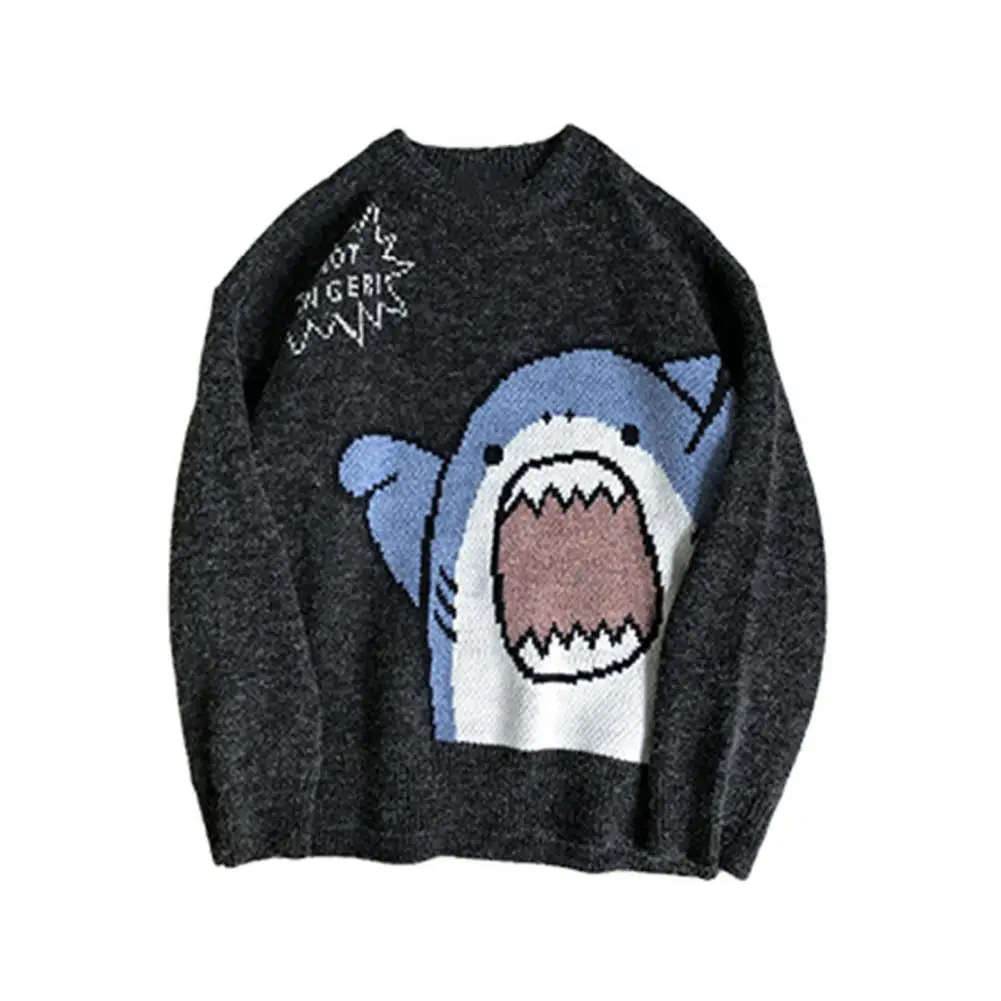 40%HOTWomen\'s Men\'s Sweater Cartoon Shark Print Round Neck Long Sleeve Sweater Top Student Sweater Everyday Loose Sweater