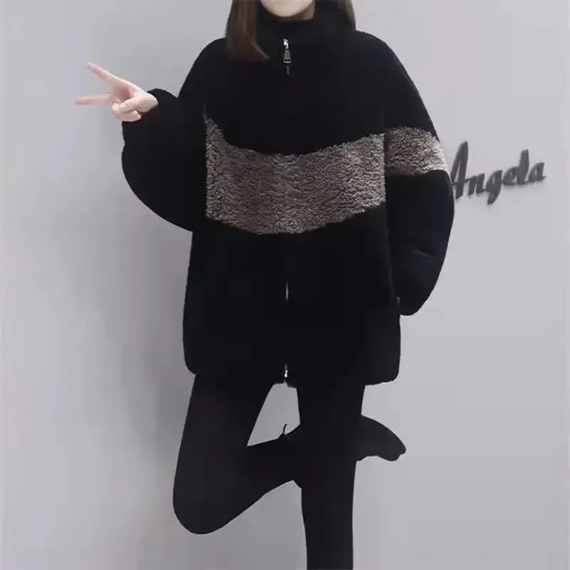 

Autumn Winter New Lamb Velvet Jacket Women Fleece Plus Velvet Thick Coat Female Sweater Loose Outcoat Zipper Overwear