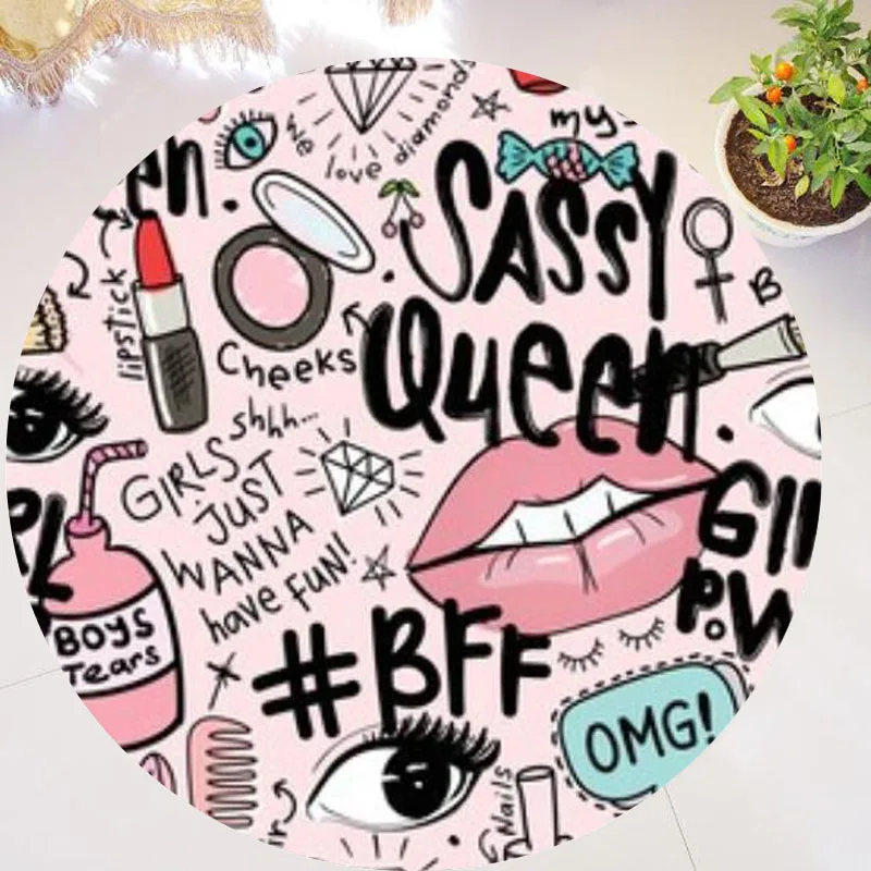 Cartoon Sassy Queen Lipstick Eyelash Slogans Cosmetics Round Carpet for Girl Funny Doodle Large Living Room Area Rug Mat Decor