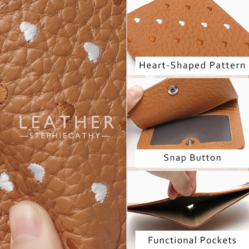 SC Fashion Genuine Leather Women Short Wallet Small Cute Heart Pattern Credit Card Holder Bifold Functional Pocket Organizer