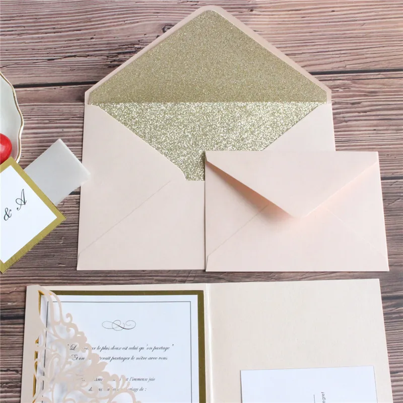 Top grade wedding invitations luxury soft pink cards with glitter envelop gold belly personalized invites design