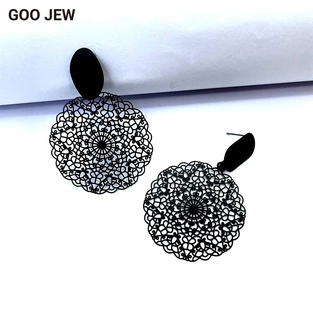 GOO JEW All Black Series Vintage Stud Earrings Exquisite Hollow Out Matt Black Earrings for Women Elegant Jewellery