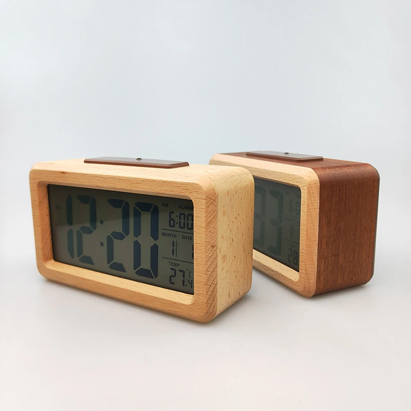 Wooden Digital Alarm Clock,Smart Sensor Night Light with Snooze, Date, Temperature, 12/24Hr Switchable, Solid Wood/Bamboo Shell