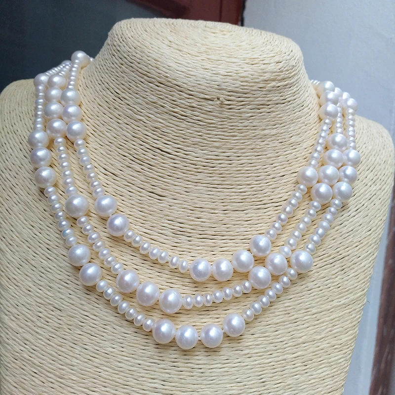 Unique Special Natural White Pearl Near Round 4-8mm Long Necklace 50 in 127cm Business Birthday Engagement Wedding Silver 925