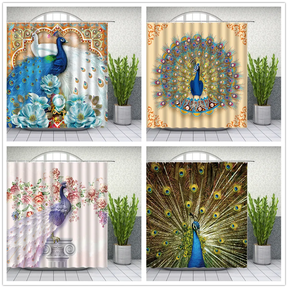 Blue Peacock Shower Curtains Beautiful Watercolor Bird Flower Peony Pattern Bathroom Decor Bathtub Waterproof Cloth Curtain Set