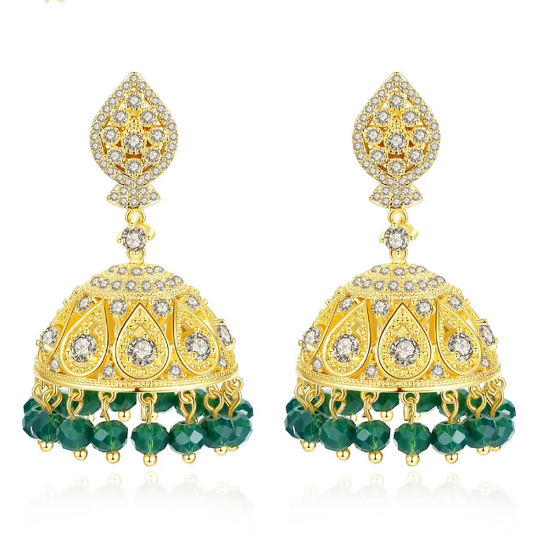 

Zlxgirl jewelry Green beads turkish stud earrings jewelry brand cubic zirconia copper wedding earrings of women bridal bijoux