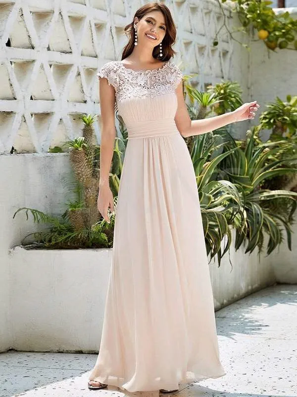 

Elegant Cheap Bridesmaid Dresses Under 50 A-line Scoop Floor Length Lace Chiffon Long Wedding Party Dresses