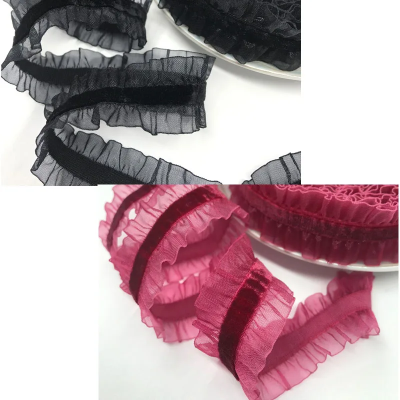 2.5cm Pretty Organza Ruffle Elastic Lace Trim velvet ribbon Stretch Band for chocker Clothing Garment Patchwork Accessories 2y