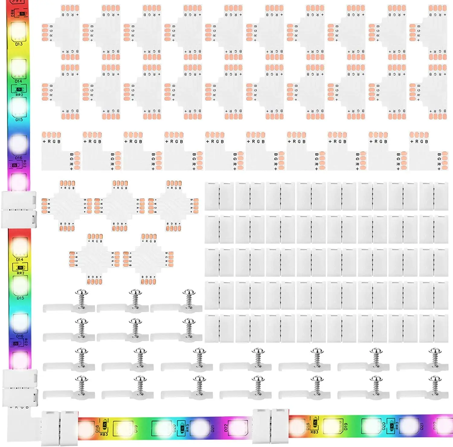 95 Pieces 4-Pin LED Light Strip Connectors Set Including Screw Fixing Clips, 4-Pin LED Connectors, Cuttable T, L and X Shape PCB