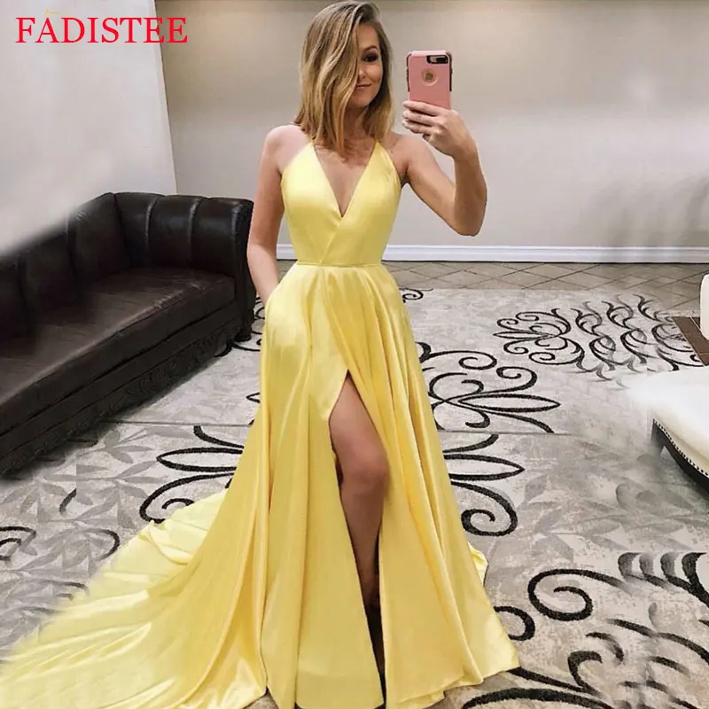 Sexy Diepe V-hals Prom Dresses Formele Eenvoudige Satin Avondjurken Hoge Split Vestido Noiva Sereia Prom Party Robe De Soiree