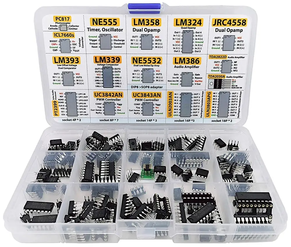 XL IC Chip Assortment 150 pcs, opamp, oscillator, pwm, PC817, NE555, LM358, LM324, JRC4558, LM393, LM339, NE5532, LM386, TDA2030