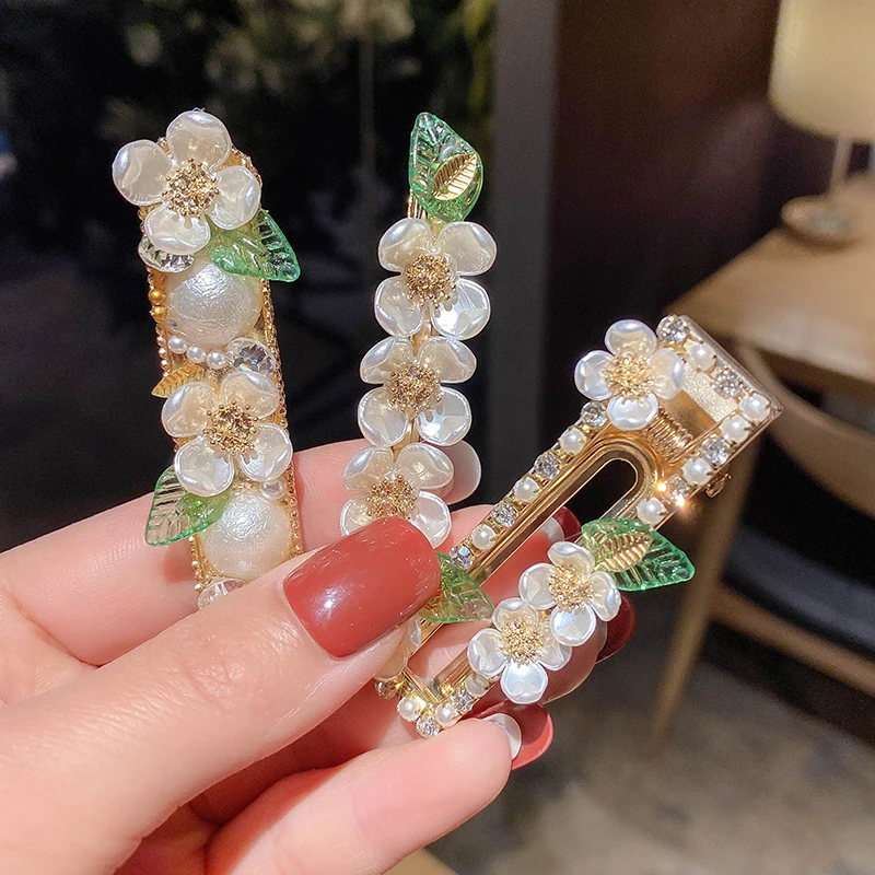 Pear Flower Series Hairpin Sweet and Cute Shell Flower Side Clip Green Leaf Spring Clip Duck Hairpin Hair Accessories