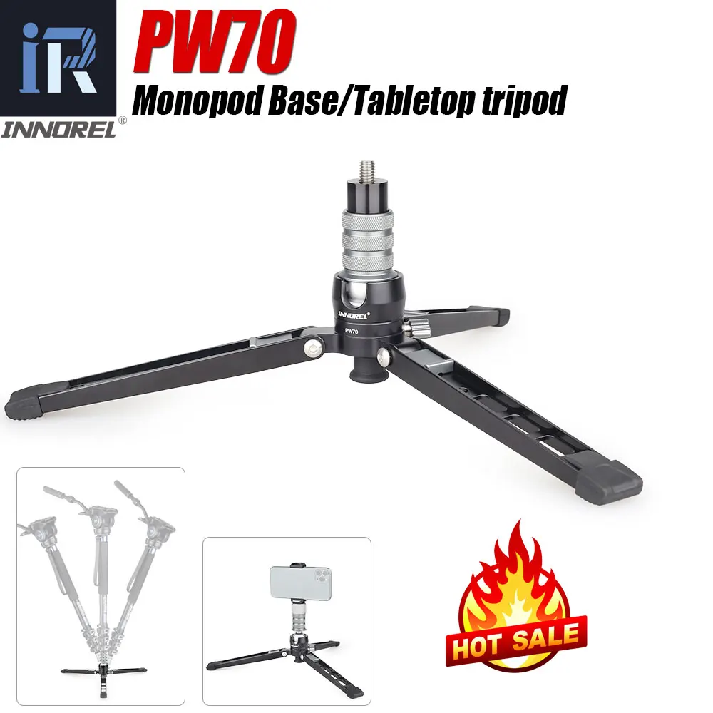 INNOREL PW70 Tabletop Tripod Monopod Base CNC 360 Degree Aluminum Foldable Camera Stand with Ball Head,Screw and Phone Mount