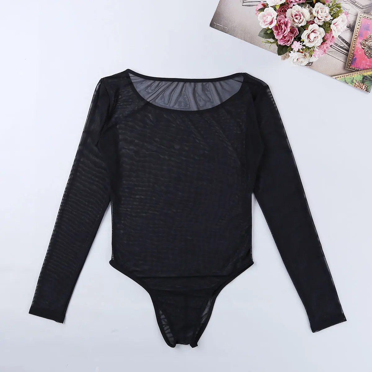 Mens See Through Underwear Mesh transparent thong Bodysuit Jumpsuit Long Sleeve Scoop Neck High Cut Bodysuit Lingerie Nightwear