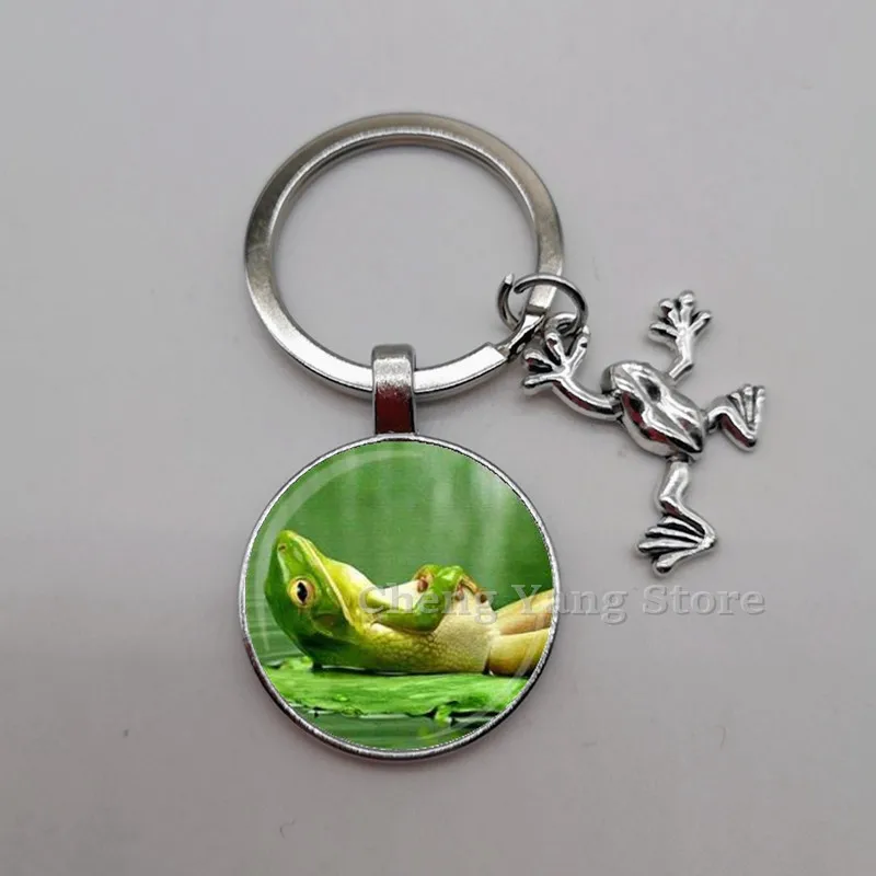 Playful and cute frog glass convex round keychain pendant, charm frog keychain, DIY keychain