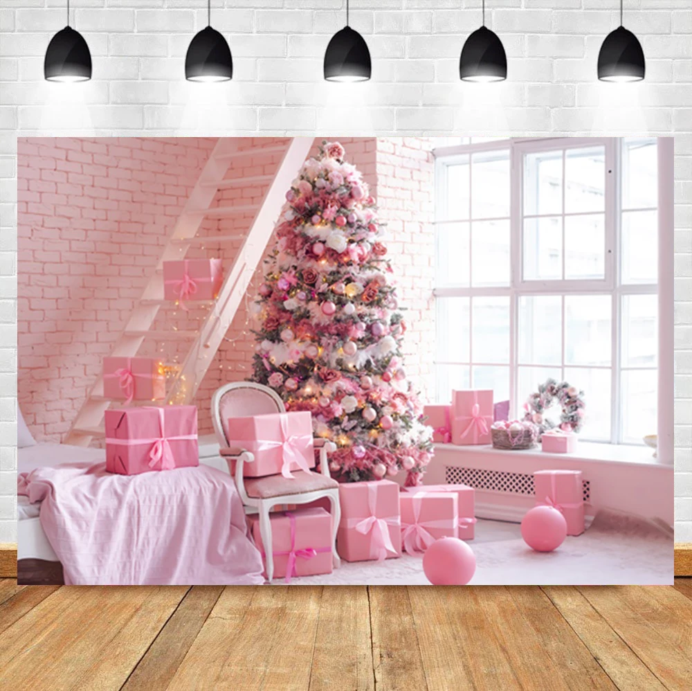 Laeacco Pink Christmas Tree Gift Windowsill Brick Wall Baby Birthday Backdrop Photographic Photo Background For Photo Studio