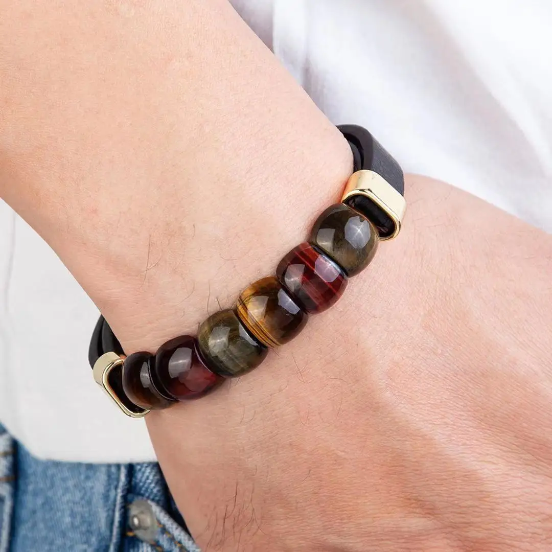 Natural Tiger's Eye Ring Face Type Male Stainless Steel Leather Cord Men's Bracelet Gift