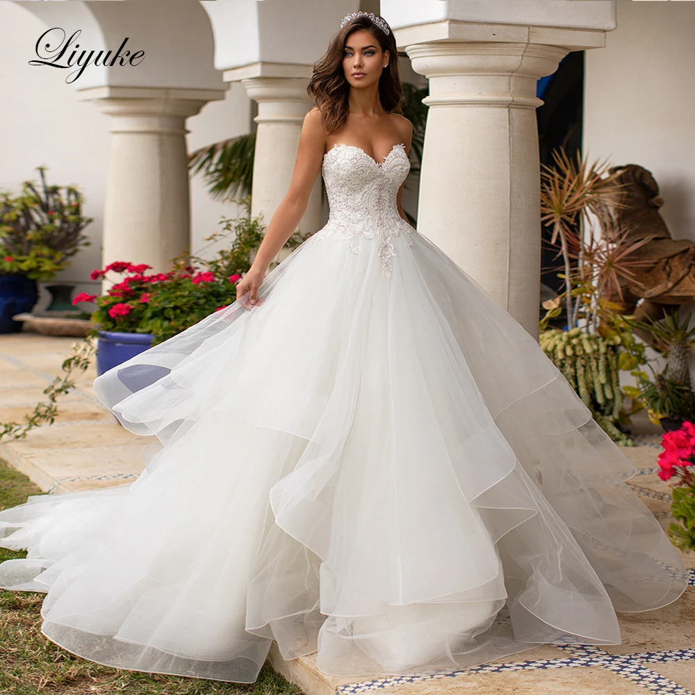 Liyuke Organza And Tulle Skirt Ball Gown Wedding Dress With Court Train Of Strapless Bridal Dress