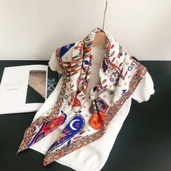 Spain Fashion Aztec Ethnic Floral Square Silk Scarf Ladies High Quality Print Soft Shawls and Wraps Bufanda Muslim Hijab 90*90Cm