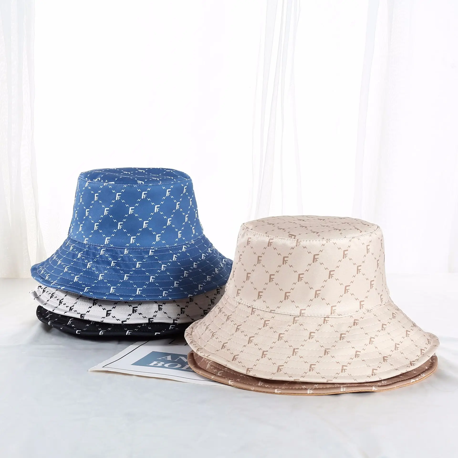 Summer dome satin sunscreen bucket hat with large brim, monogram printed double-sided sunshade fisherman hat