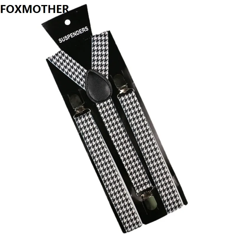 FOXMOTHER 2.5cm Wide Male Suspenders Men Black Houndstooth Women Braces