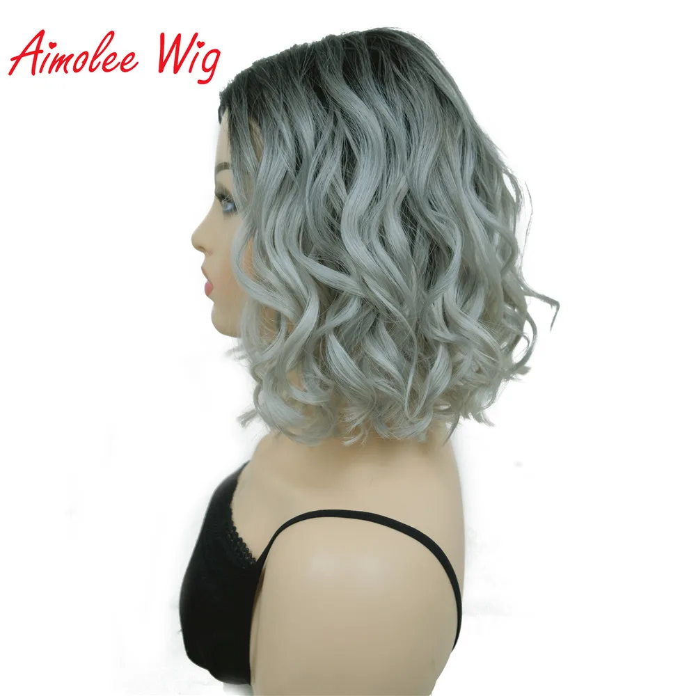 Peluca de encaje sintético Aimolee, pelo gris ombré, pelucas naturales rizadas medianas para mujeres