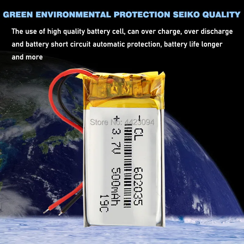 3.7 فولت 602035 500 مللي أمبير ليثيوم أيون بوليمر بطارية قابلة للشحن ل نظام GPS مزود بمسجل فيديو رقمي سيارة تاكوغراف سماعة رأس مزودة بتقنية البلوتوث بطارية