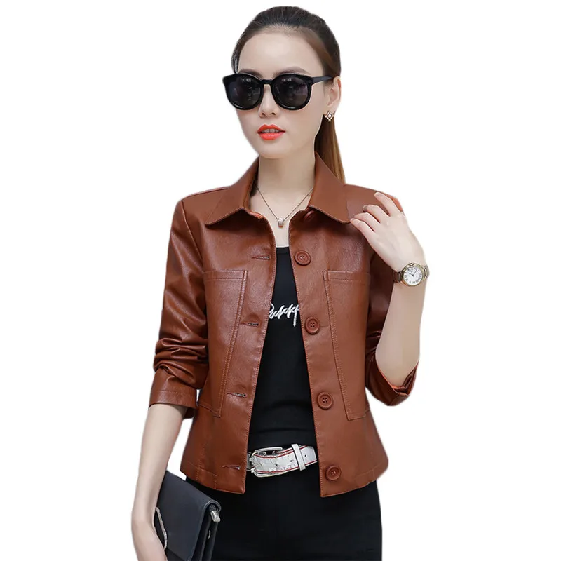 Jaket kulit wanita, karamel 3XL 4XL ukuran besar pendek ramping PU mantel 2020 baru musim semi musim gugur mode Korea Chic Moto pakaian