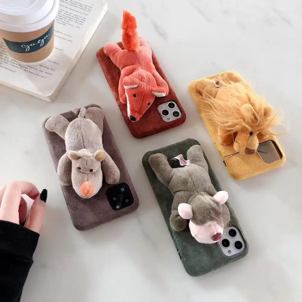 3D Winter Stuffed Fur Animal Toy Suede Phone Case For iPhone16 15Pro 14 13 12 11Promax 3-sides Cover Shell Protection