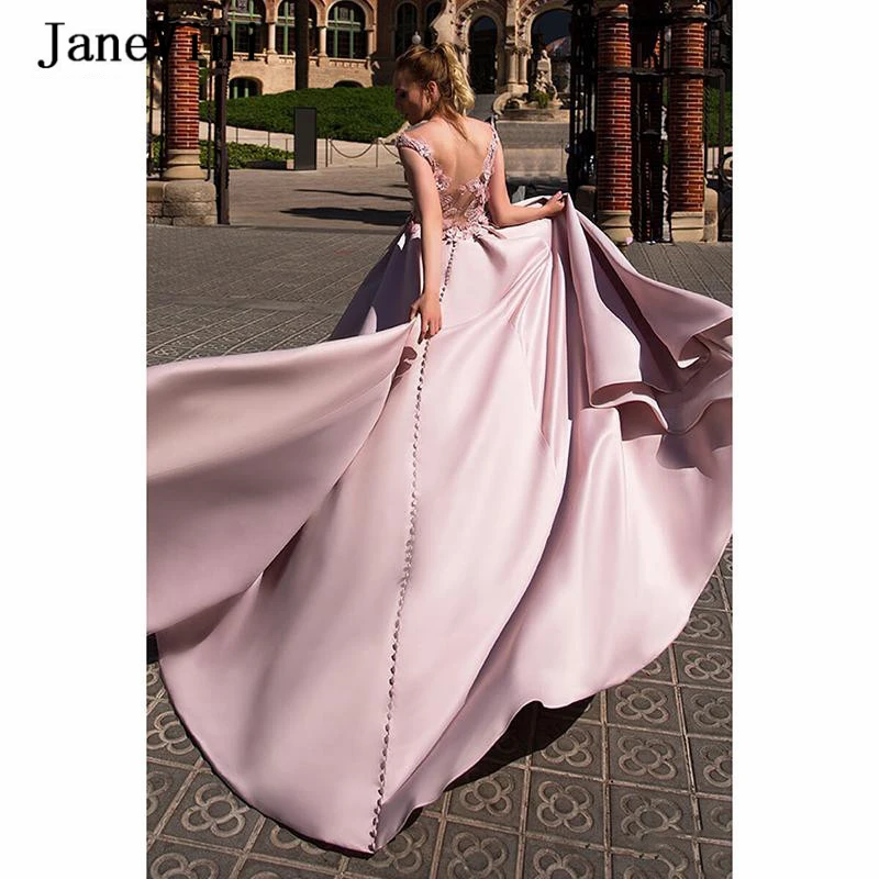 JaneVini Elegant A Line Long Prom Dresses 2020 Dusty Pink Sleeveless Lace 3D Flowers Backless Satin PLus Size Women Party Dress