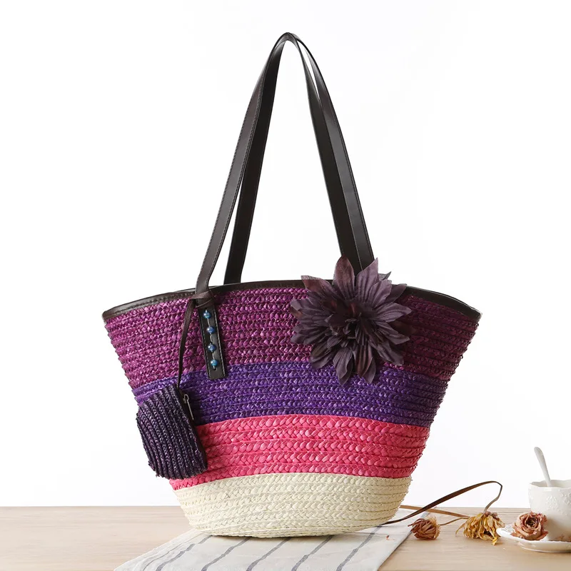 2022 Fashion Straw Handwoven Tote Shoulder Bag 2 in1 Crochet Straw Braided Handbag Applique Hit Color Striped Print Beach Bags