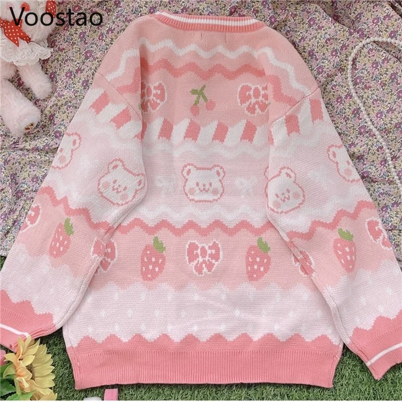 Imagem -02 - Urso de Morango Lolita Feminino Tricotado Pulôveres Suéter Feminino Japonês Suéter Solto Bonito jk Malhas Kawaii Outono Inverno Tops