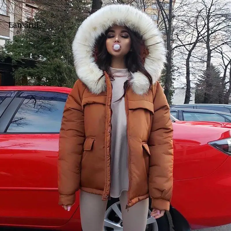 

Winter Thick Bomber Jacket Women Parka Short Fur Hooded Coat Warm Vintage Oversize Harajuku Autumn Outerwear