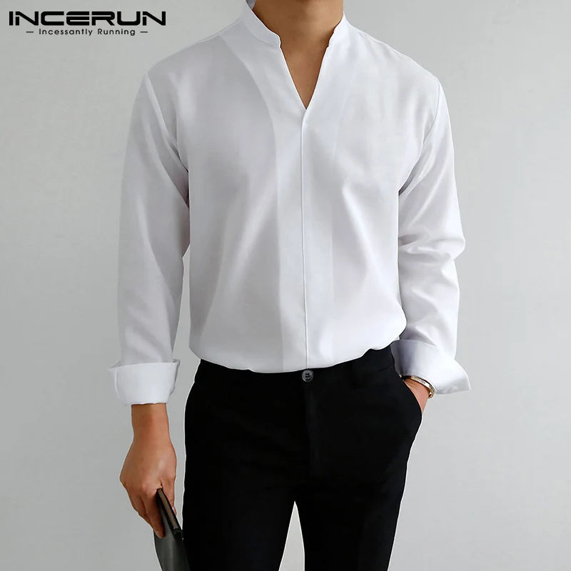 Men Casual Shirt Solid Color 2023 V Neck Long Sleeve Loose Streetwear Men Clothing Korean Fashion Leisure Shirts S-3XL INCERUN