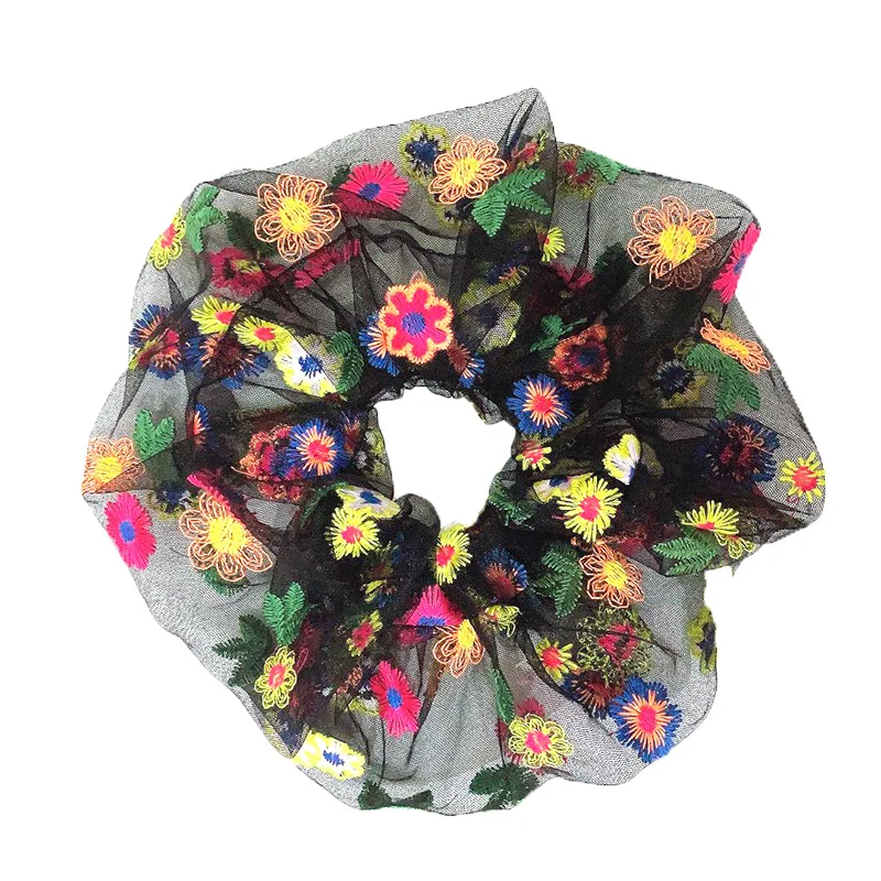 Super Big Kawaii Hair Scrunchies For Women Girls Summer Vocation Flower Hair Rope Boho Embroidery Mesh Scrunches