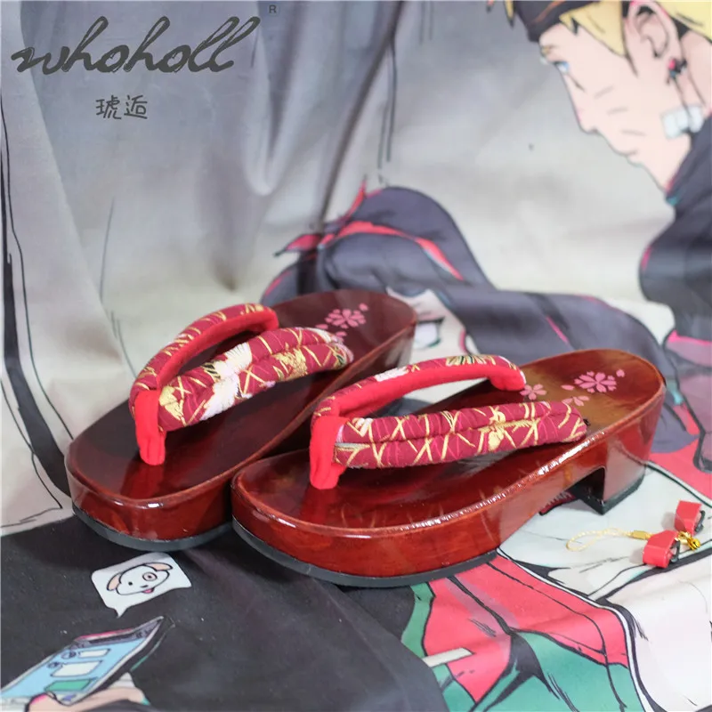 WHOHOLL Geta Japanese Clogs Women Slippers Flip Flops Wood Wedge Sandals Red Bottom Sakura Print Slippers Cosplay shoes