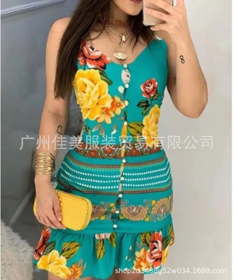 

Women Sexy Dresses 2024 New Green Bottoned Floral Butterfly Print Ruffles Bodycon Party Dress Spaghetti Strap Suspender Dress