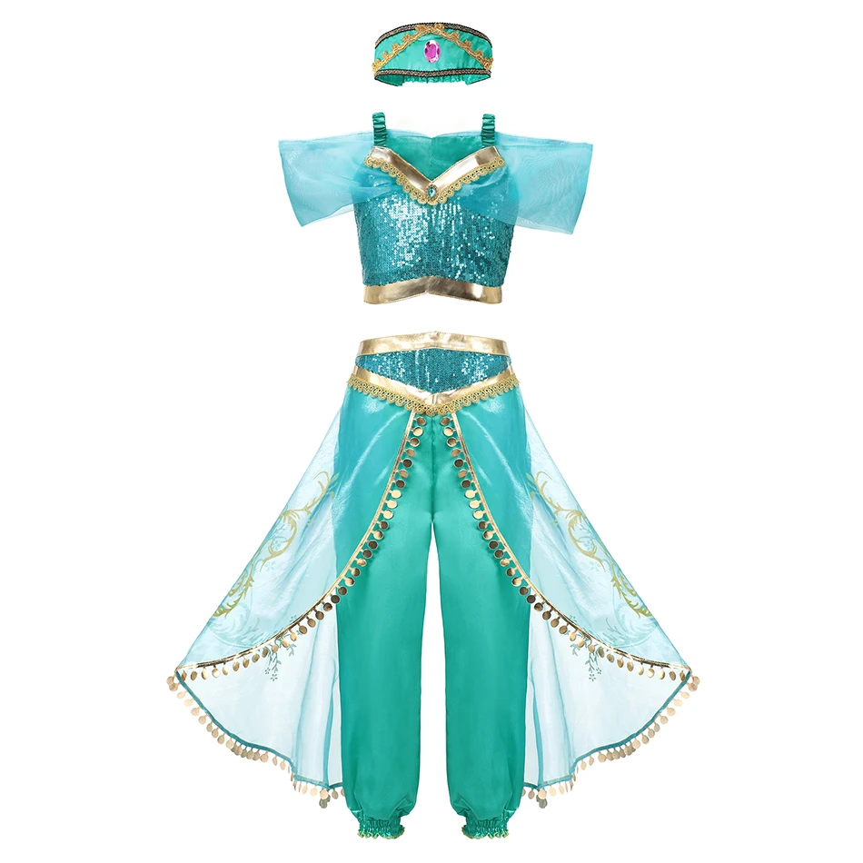 Disney Jasmine Dress Aladdin Princess Magic Lamp Girls Birthday Party Cosplay Costume Top+Pant+Headband Carnival Clothes Vestido