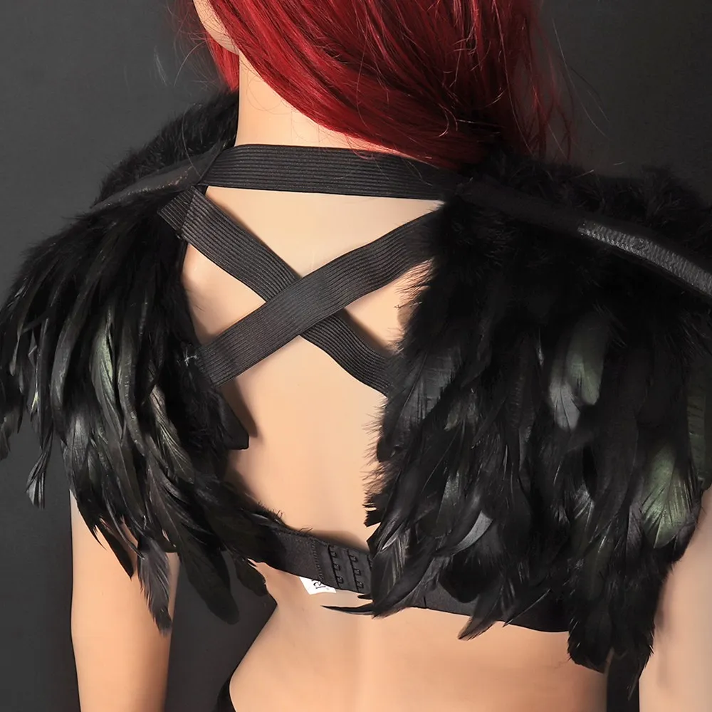 

Feather Vest Cape Epaulette Crop Top Cage Bra Women Costume Black Dance Rave Festival Goth burning man Halloween Shoulder wings