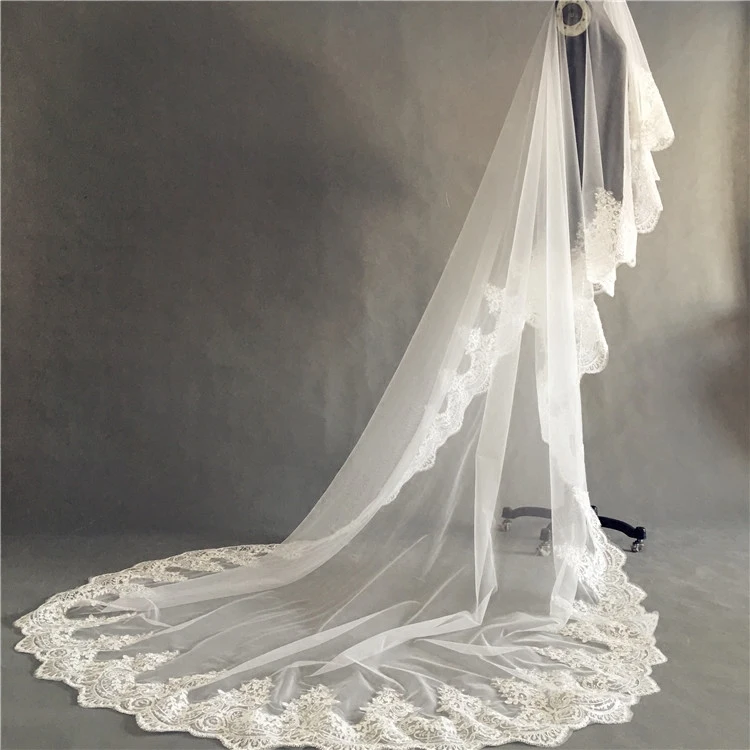 

3m Long Wedding Bridal Veils Lace Appiques Edge 1 T Tulle Cathedral Veil Ivory Luxury Velo de Novia Voile mariee