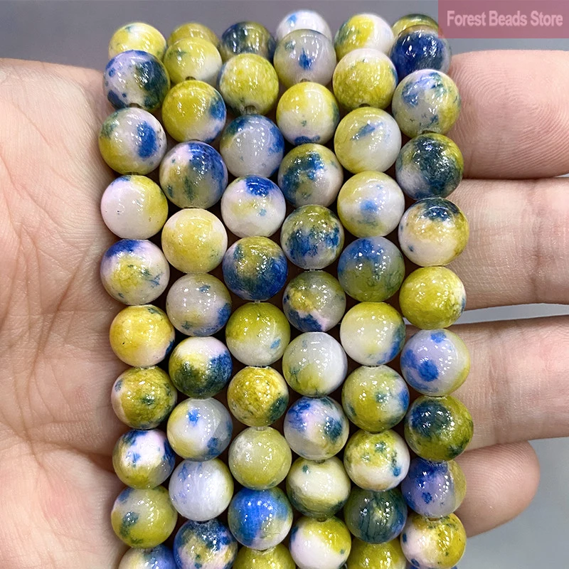 Yellow Blue Persian Jades Round Loose Beads Natural Stone for Jewelry Making DIY Handmade Bracelet Necklace 15'' 6/8/10/12mm