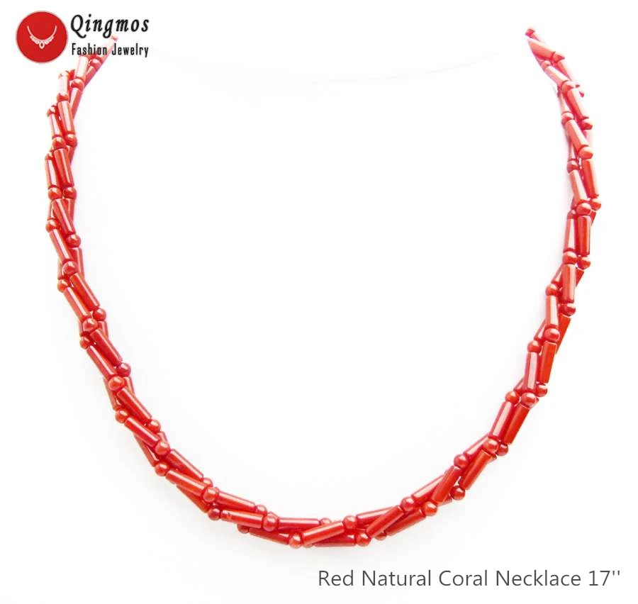 

Qingmos Fashion 3*9mm Thick Slice Natural Red Coral Necklace for Women with 3-4mm Round Coral Necklace Jewelry 17'' Chokers 6566